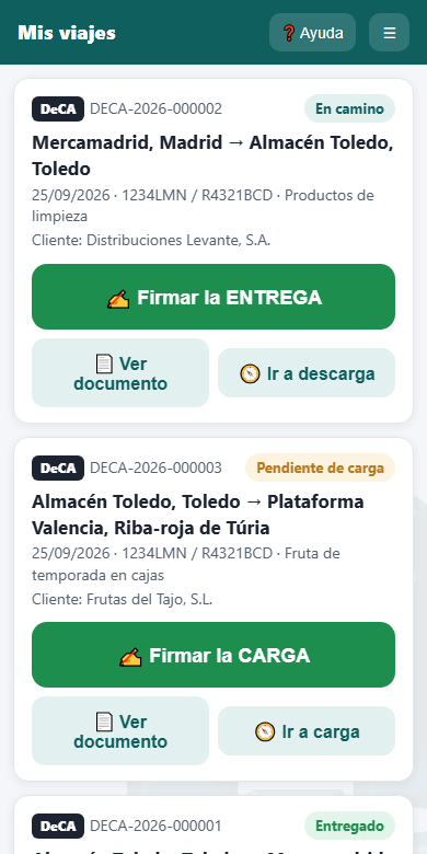 La app del conductor: sus viajes del día con los botones para firmar la carga y la entrega